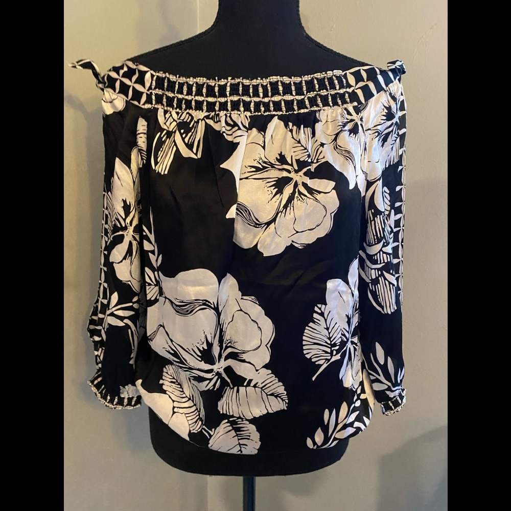 White House Black Market Black & White Floral Smocked Off-Shoulder Top